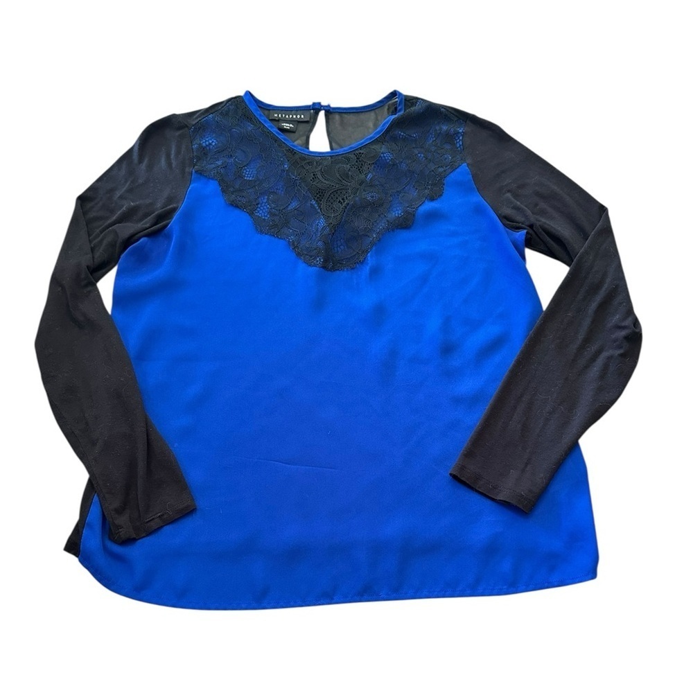 Metaphor along Sleeve Lace Detail Top - Womens Size Medium Blue Black - Picture 2 of 4